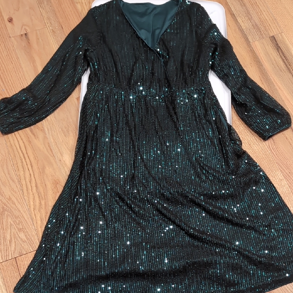 BloomChic Green Embellished Wrap Dress with Bishop Sleeves